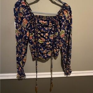 Navy Floral Ruched Blouse